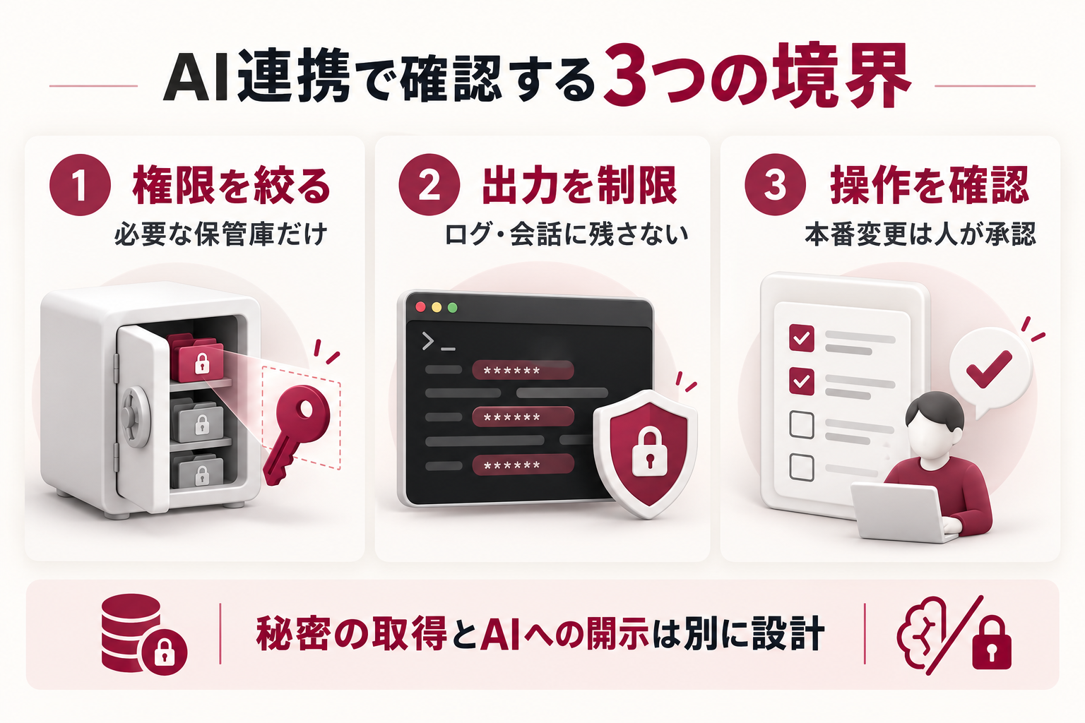 AIとCLIを連携するときは、必要な保管庫だけに権限を絞り、ログや会話への出力を制限し、本番変更の操作を人が確認するという3つの境界を示す図