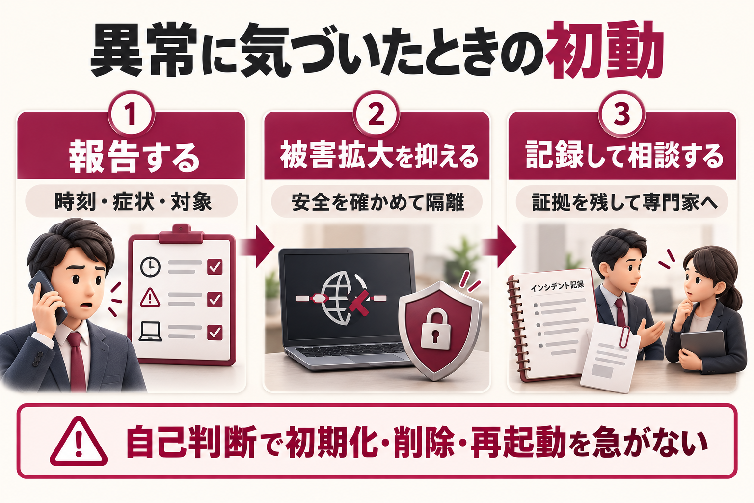 異常に気づいたら時刻・症状・対象を報告し、安全を確かめて被害を抑え、証拠を残して専門家に相談する初動の流れ。自己判断で初期化・削除・再起動を急がない