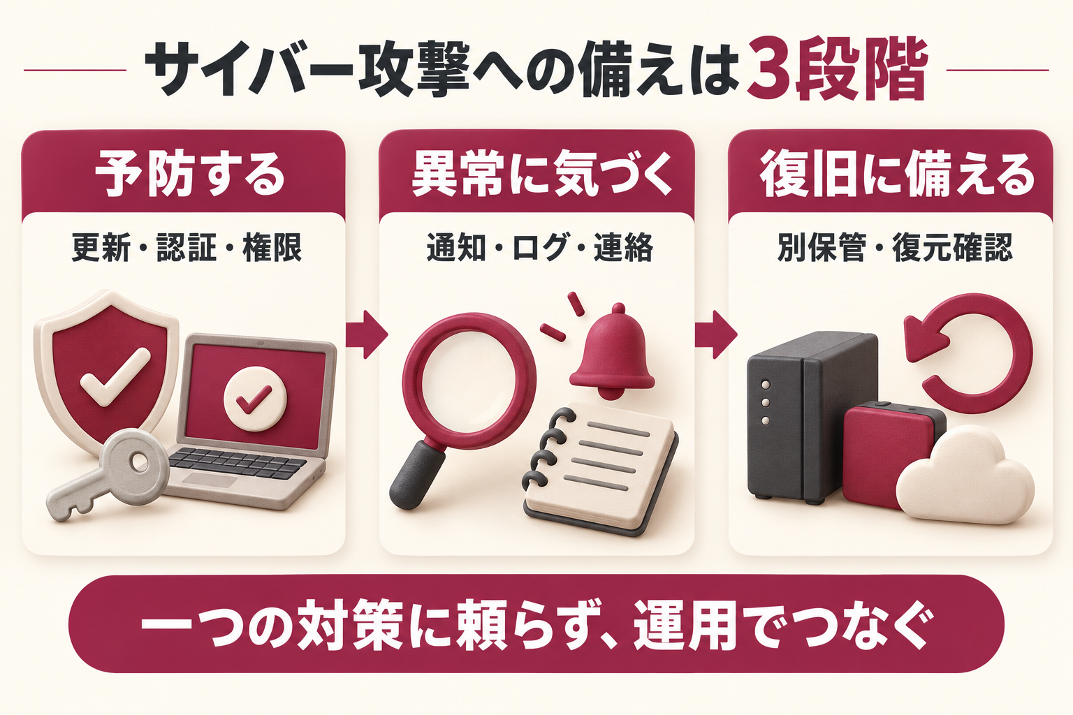 サイバー攻撃への備えを、更新・認証・権限による予防、通知・ログ・連絡による異常の発見、別保管と復元確認による復旧への備えの3段階で示す図