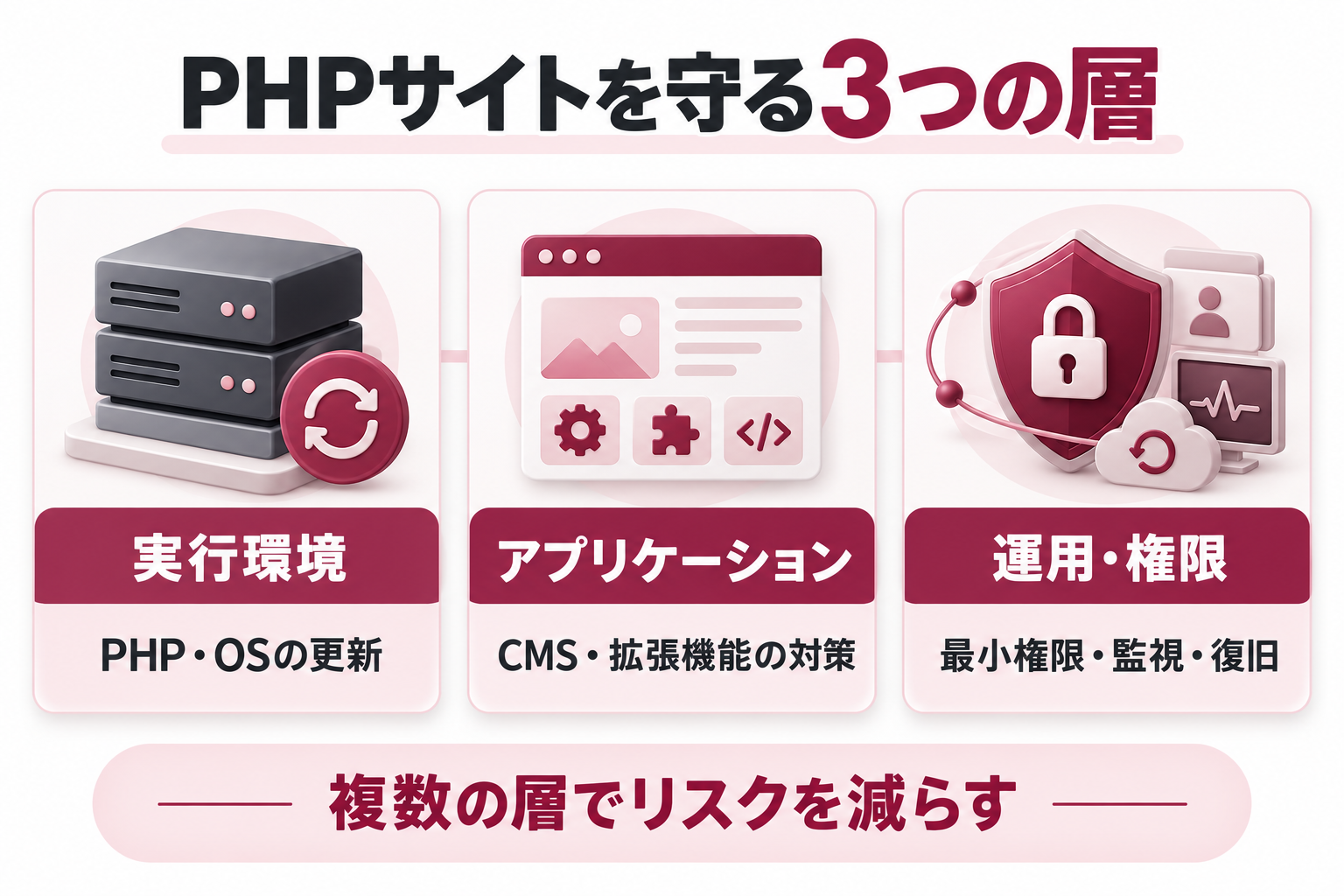 PHPサイトの対策を、PHPやOSを更新する実行環境、CMSや拡張機能のアプリケーション、最小権限・監視・復旧を担う運用の3層に分けた図
