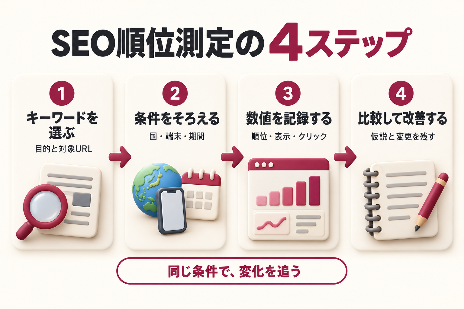 キーワードを選ぶ、国・端末・期間の条件をそろえる、数値を記録する、比較して改善するというSEO順位測定の4ステップ